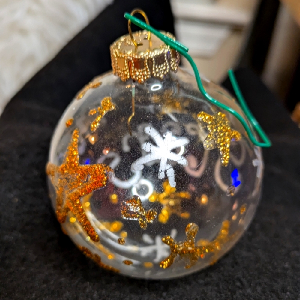 Vintage Clear Glass Gold Star Glitter Ball Holiday Christmas Ornament